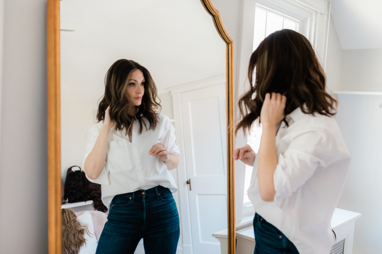 women getting used to wearing a wig
